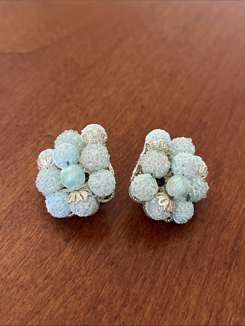 Vintage Pastel Blue Cluster Bead Clip-On Earrings